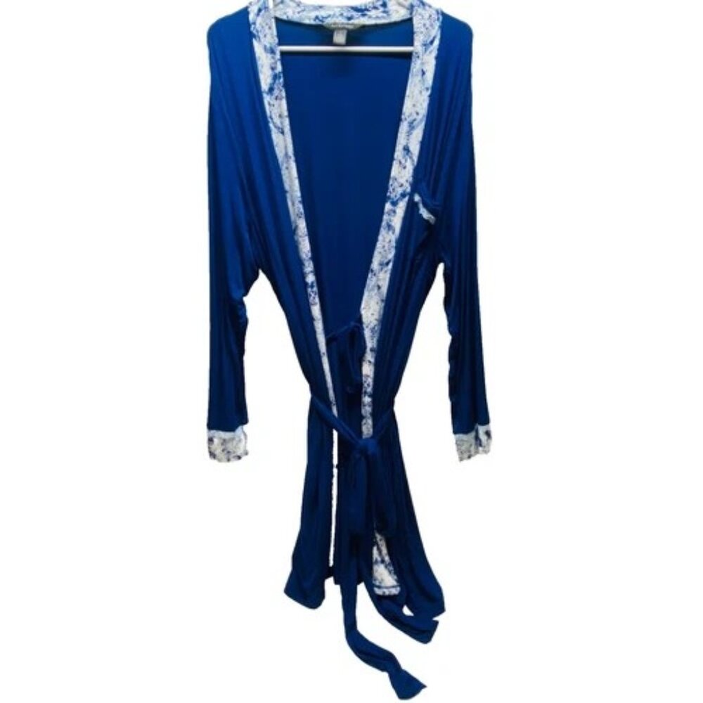 Ambrielle Sleepwear Robe Women's Large Navy Blue Kimono Belted Long Sleeve Rayon